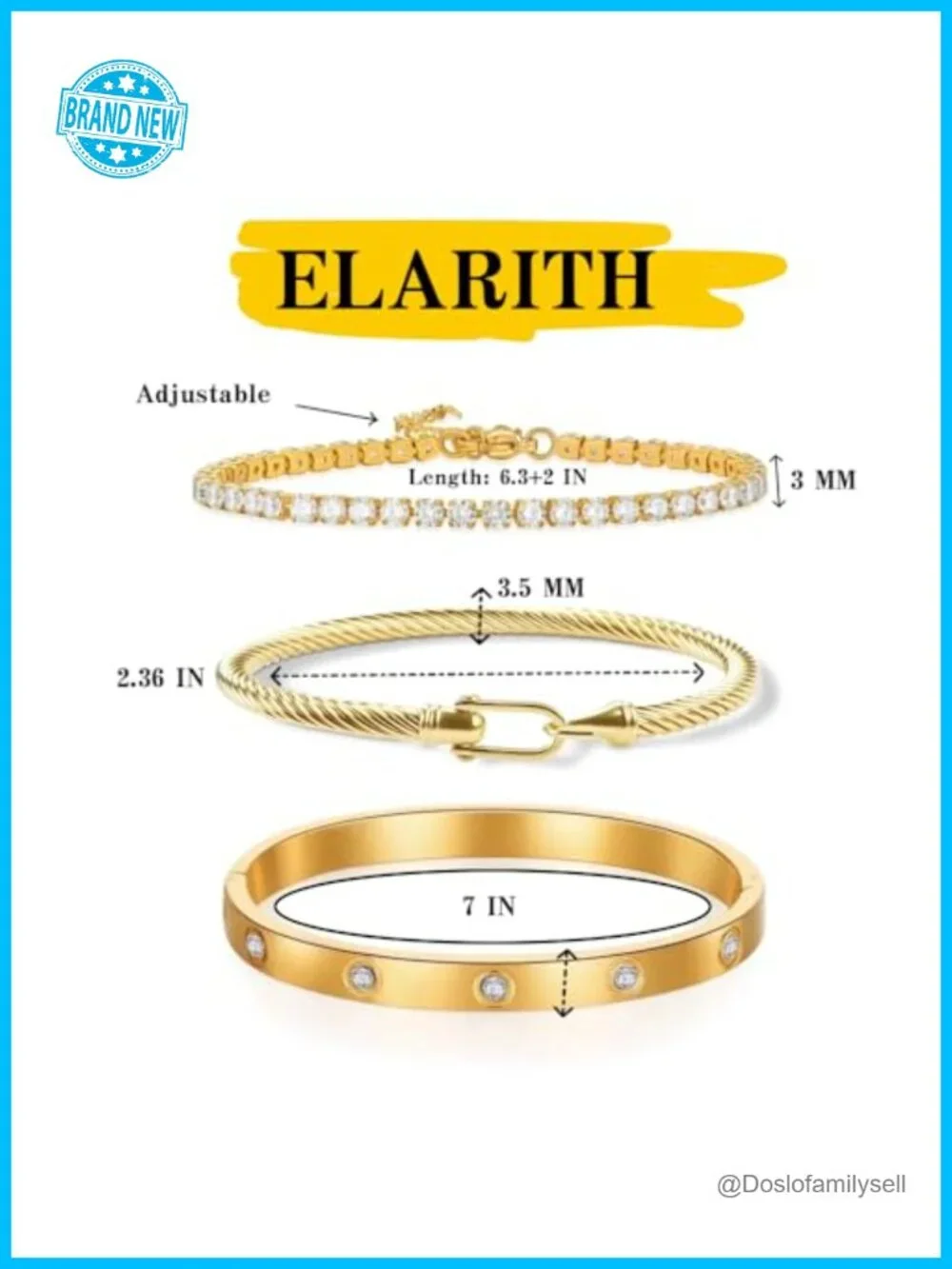 3-Piece Stackable Gold Bracelet Set, Zircon Horseshoe Cable Bracelets
